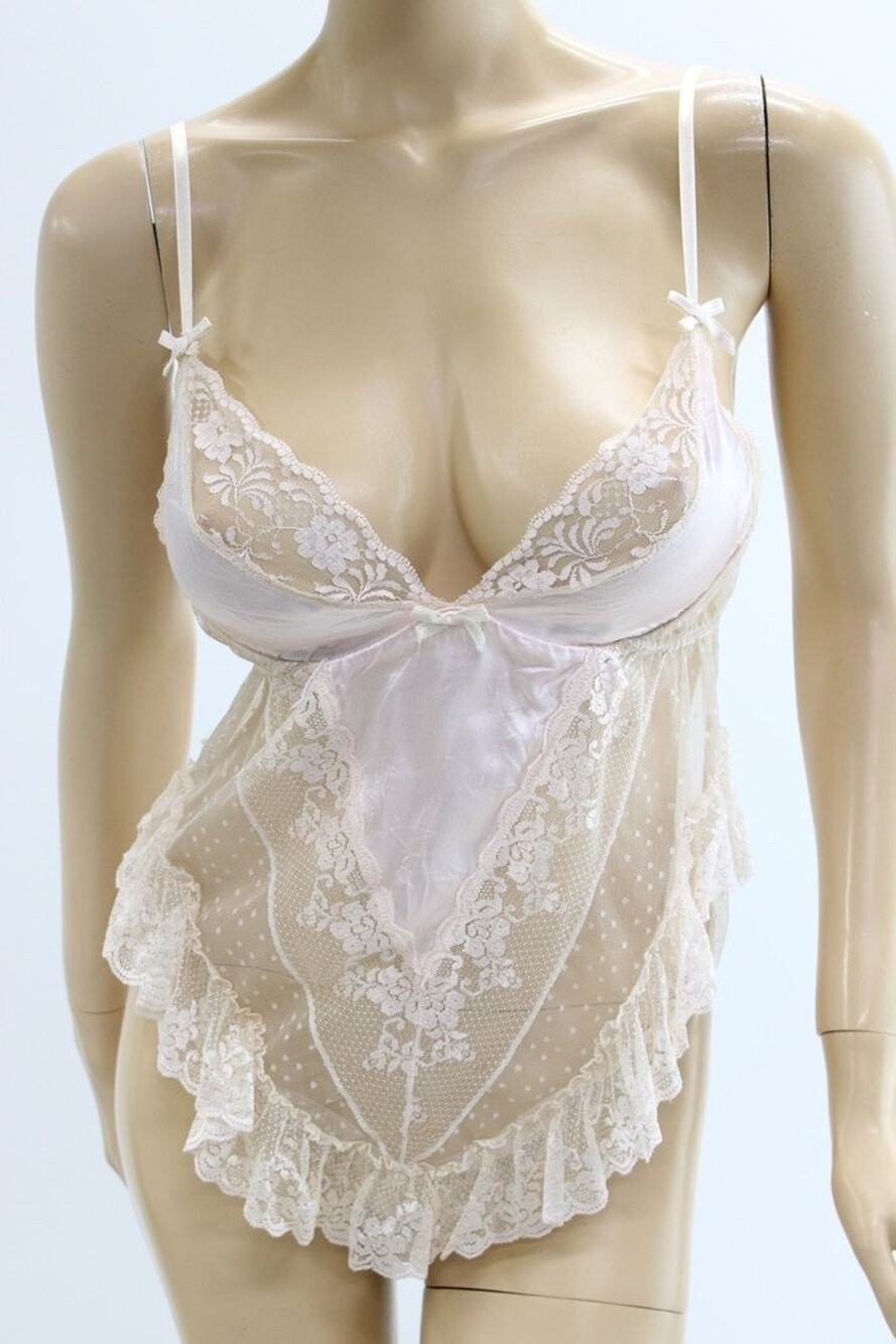 VTG Delicates Teddy Nightie Large Sheer Lace Ruffles Pink Satin Hi Cut legs